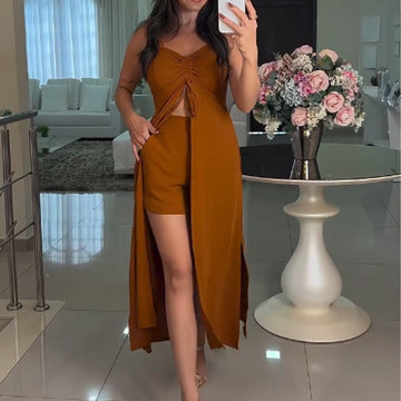 Women's Fashion Solid Color Spaghetti Straps Long Top & Shorts Two Piece Set
