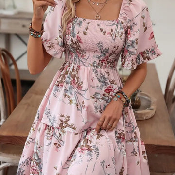 Women’s Elegant Square Neck Floral Print Smocked Dress