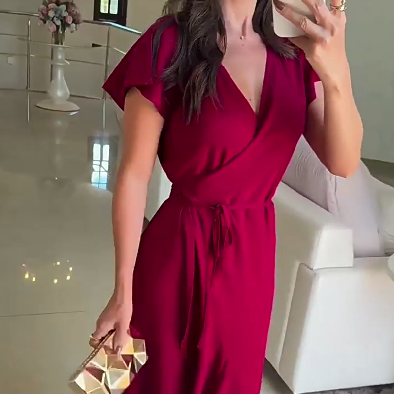 V-neck Front Slit Ruffle Dress