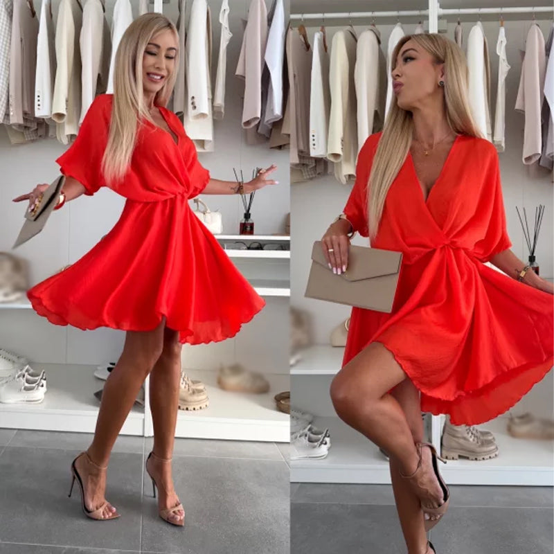 V-Neck Solid Asymmetrical Hem Dress