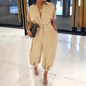 Women's Casual Loose Short Sleeve Button Up Jumpsuit