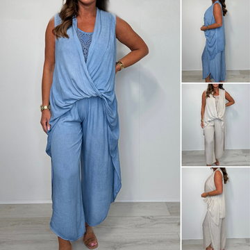 Women's Casual Fashion Solid Color Sleeveless Top Loose Long Pants Set