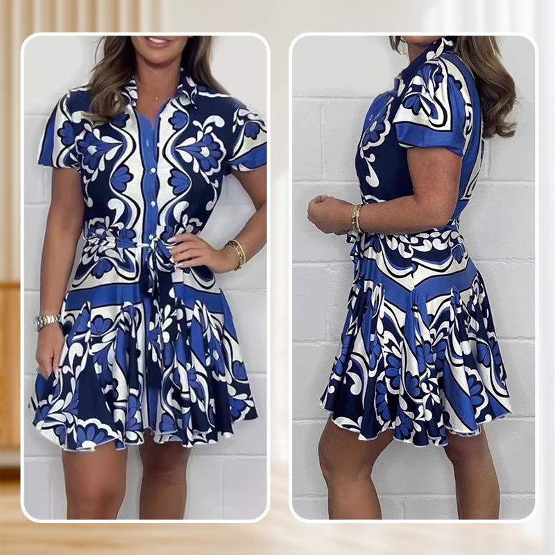 Women’s Printed Lapel Button-Down Short Dress