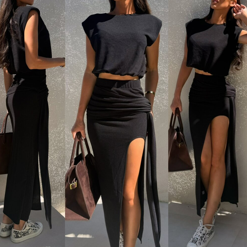 Women's Solid Color Sleeveless Top & Sexy High Slit Long Skirt 2-Piece Set