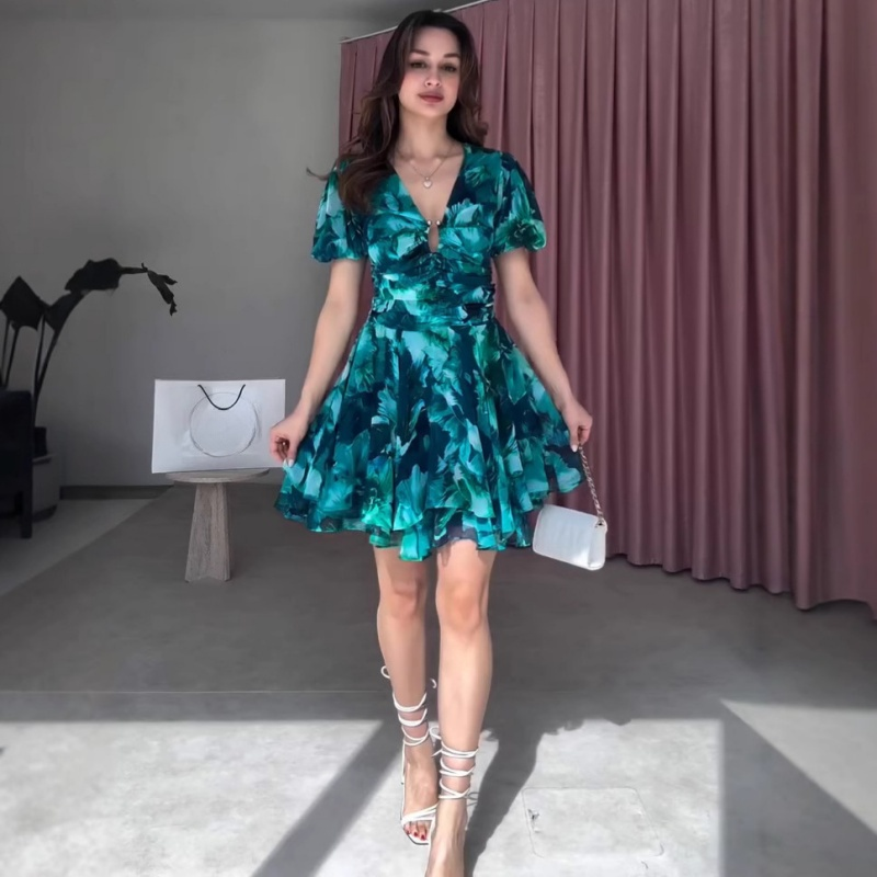 Women's Fashion V-Neck Short Sleeve Printed A-line Dresses