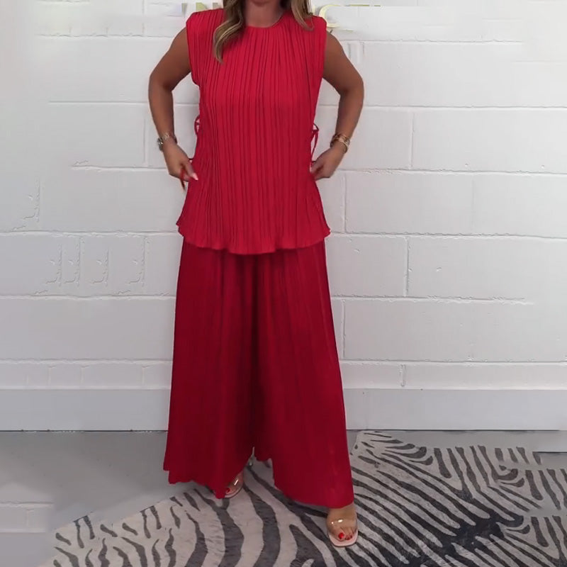 Women's Sleeveless Tie Waist Top & Wide-Leg Pants Set