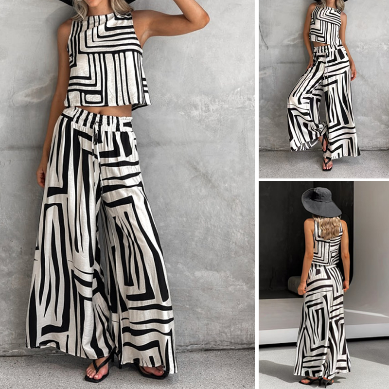 Striped Sleeveless Top & Wide-Leg Pants Set