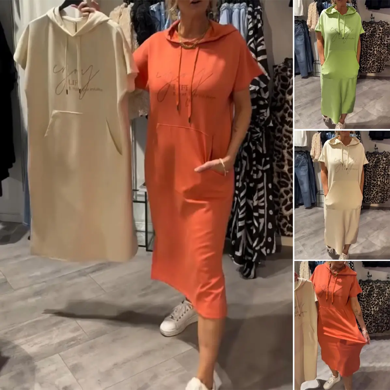 Women’s Solid Short-Sleeve Hooded Long Dress