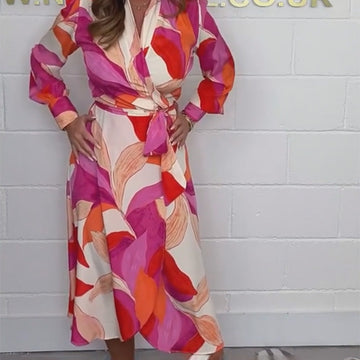Women's Print V-Neck Flowy Long Sleeve Dress
