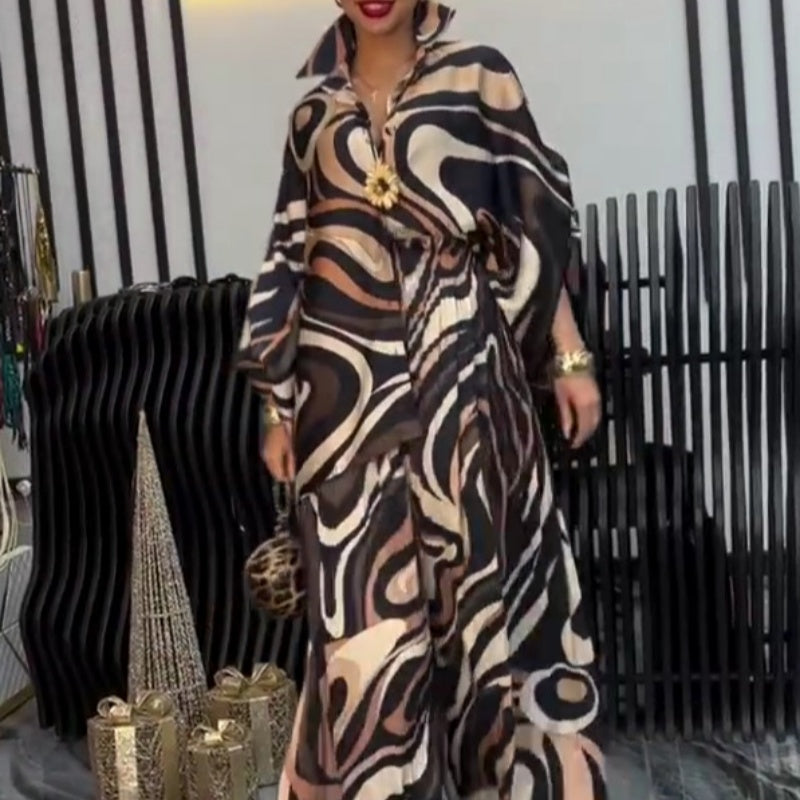 Women's Fashion Loose Printed Shirt & Wide Leg Pants 2-Piece Set