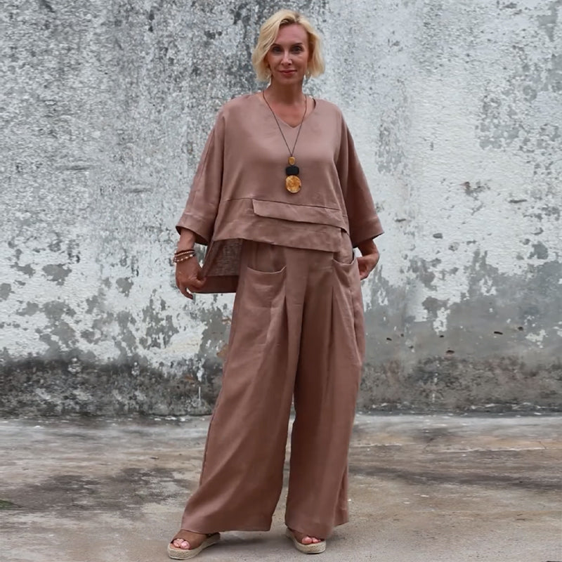 Women's Fashion V-Neck 3/4 Sleeve Top & High-Waist Wide-Leg Pants 2-Piece Set