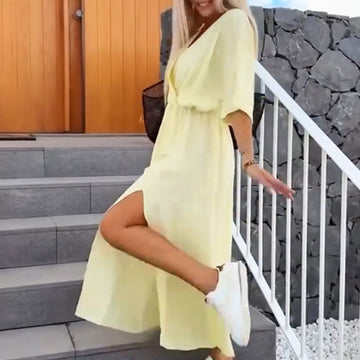 Women's Solid Color V-Neck Split Dress