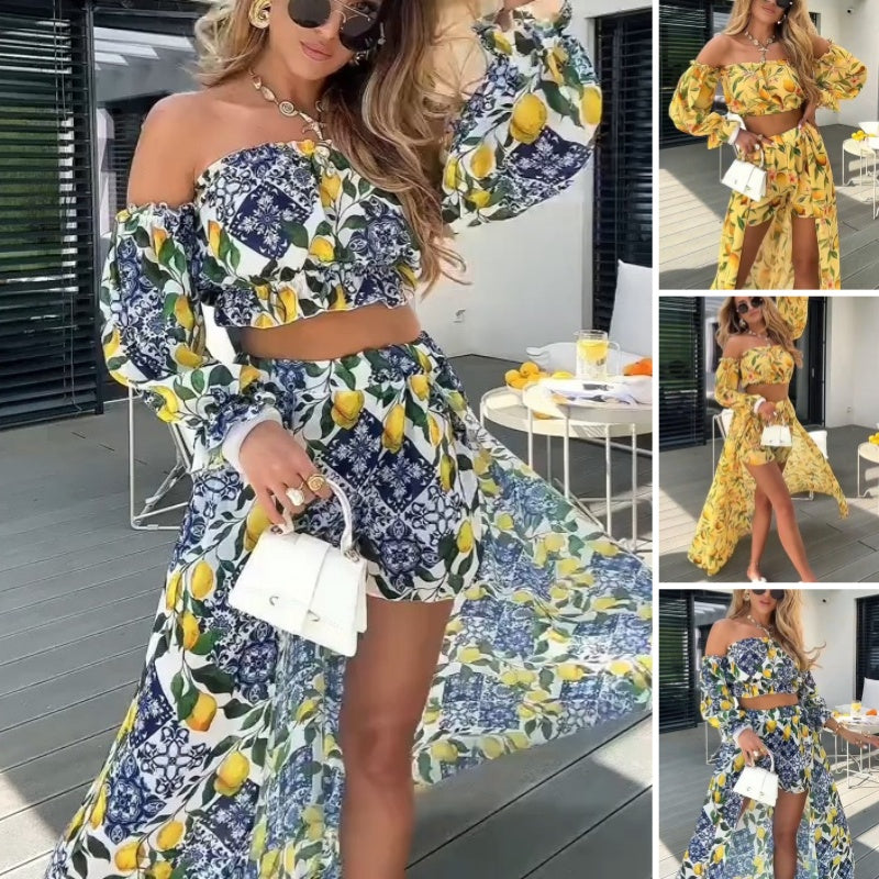 Women's Off Shoulder Crop Top & Maxi Skirt Shorts Set