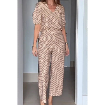 Women's V-Neck Top & High-Waisted Pants Set