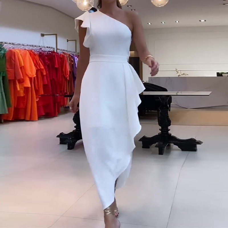 Asymmetrical One Shoulder Ruffle Dress with Irregular Hem and Fitted Waist
