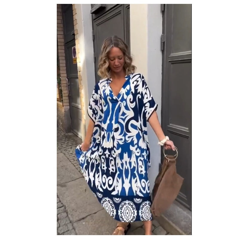 Women's Loose Fit Unique Irregular Pattern V-neck Dress