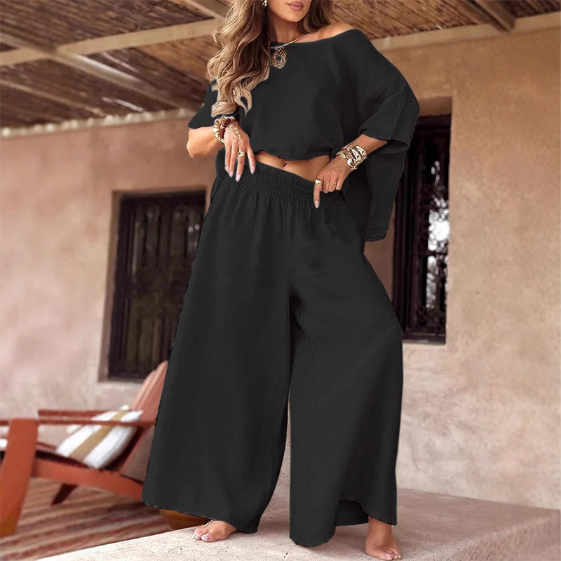 Women's Causal Off Shoulder Top ＆ Wide-Leg Pants Two-Piece Set