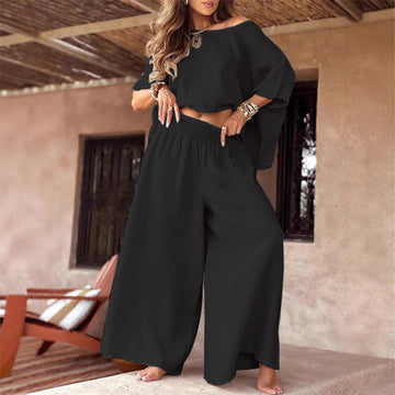 Women's Causal Off Shoulder Top ＆ Wide-Leg Pants Two-Piece Set