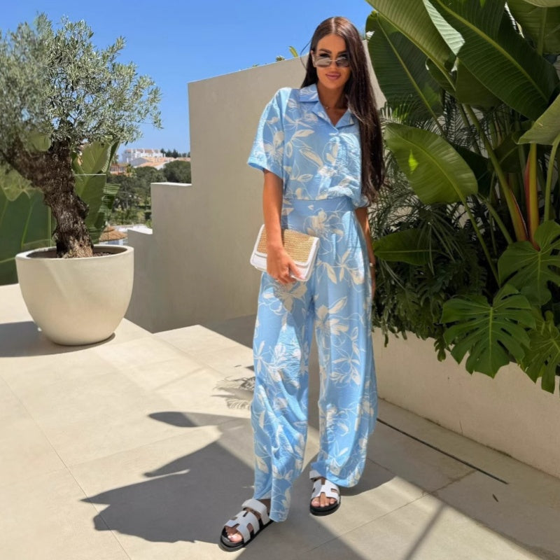 Women's Floral Printed Shirt Casual Wide Leg Pants Two Piece Set