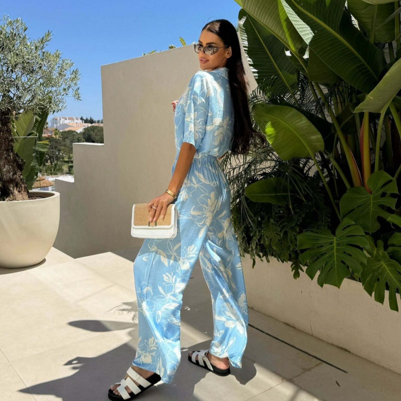 Women's Floral Printed Shirt Casual Wide Leg Pants Two Piece Set