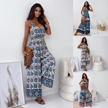 Women’s Trendy Print Backless Jumpsuit with Tassel Belt