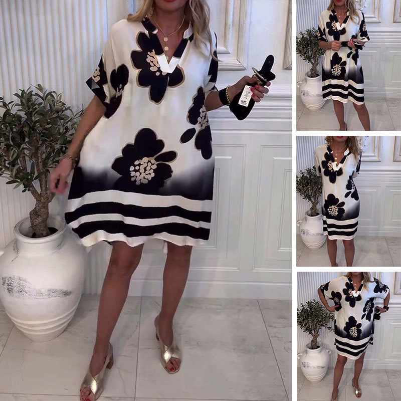 Women's Printed Loose Deep V-Neck Dress