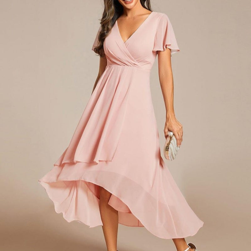Women's Elegant V-Neck Ruffled Short Sleeve Dress