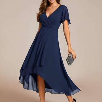 Women's Elegant V-Neck Ruffled Short Sleeve Dress