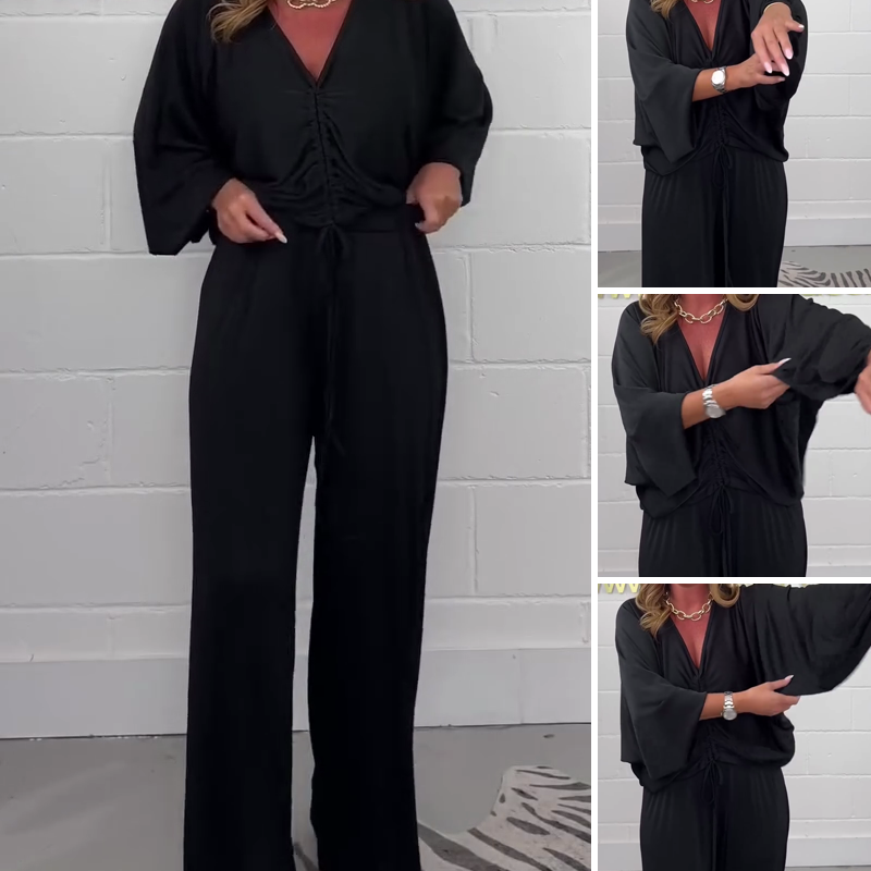Solid Color V-Neck Drawstring Dolman Sleeves Top & Wide-Leg Pants Two-Piece Set