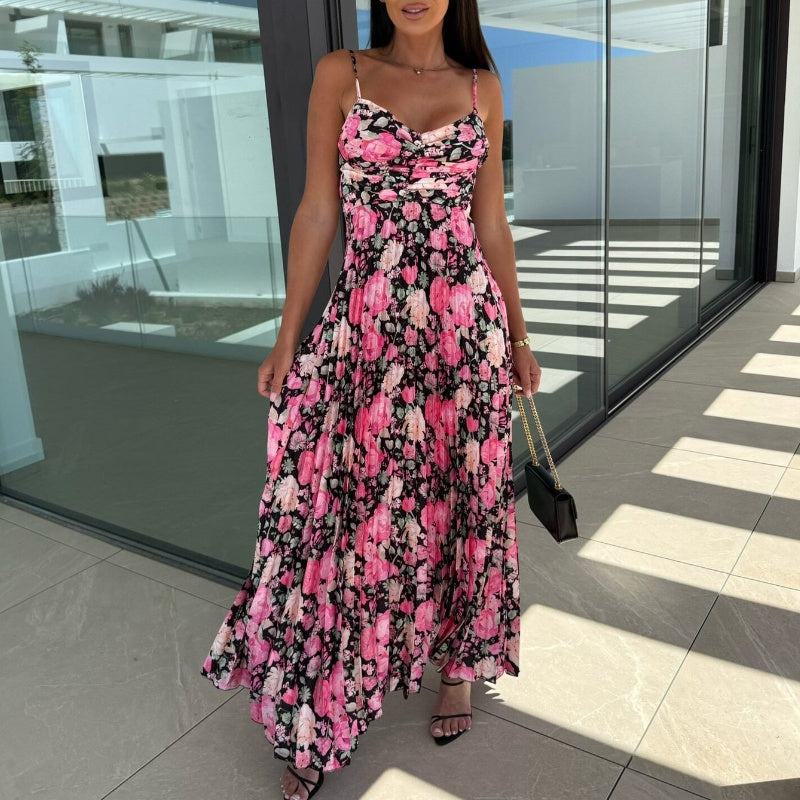 Summer Sexy Backless Printed Ruched Strap Maxi Dress