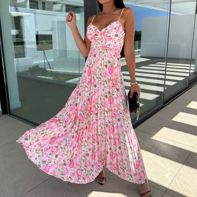 Summer Sexy Backless Printed Ruched Strap Maxi Dress