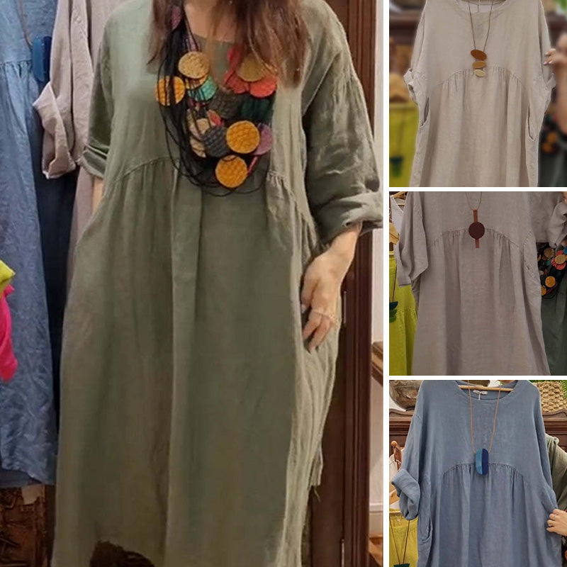 Women's Casual Loose Round Neck Solid Color Dress with 3/4 Sleeves & Pockets