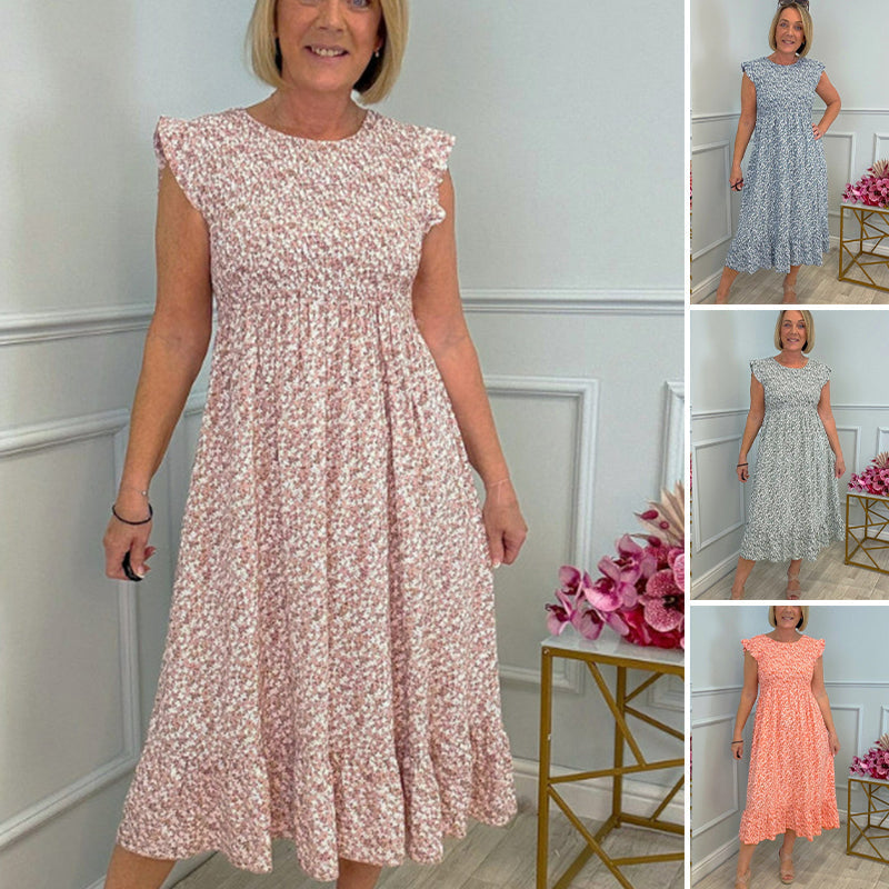 Women's Elegant Floral Print High-Waisted Ruffle Cap Sleeve Dress