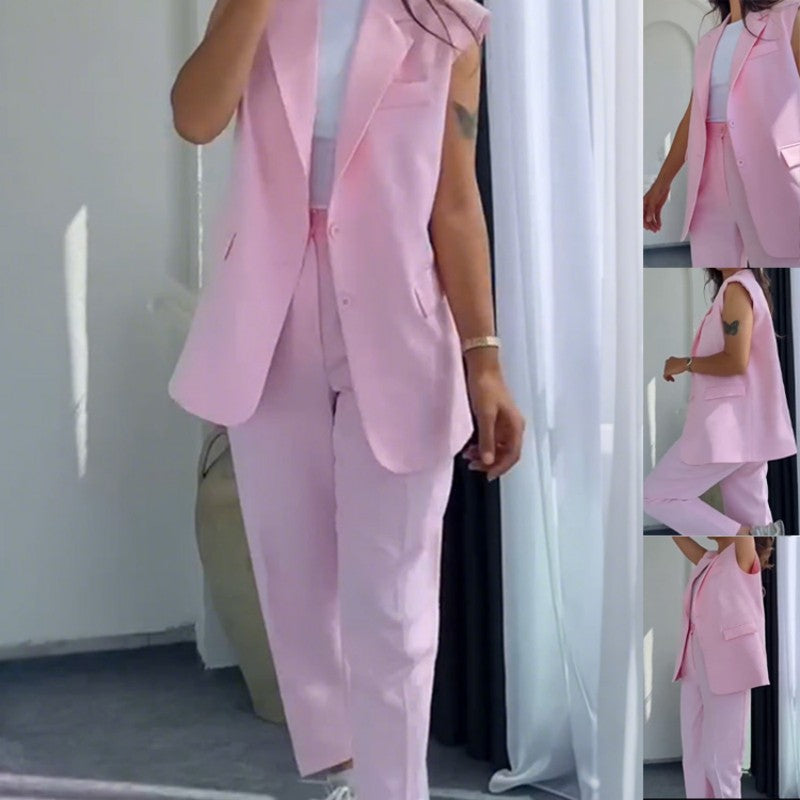 Women’s Stylish Sleeveless Blazer & High-Waisted Pants Set
