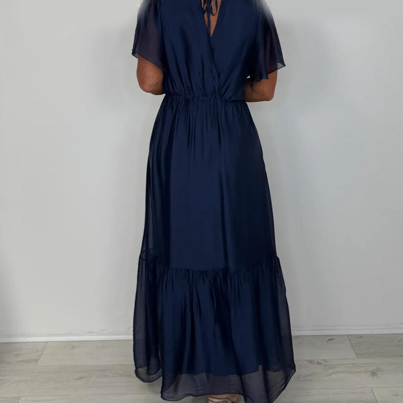 V-Neck Short Sleeve Maxi Dress with Cinched Waist
