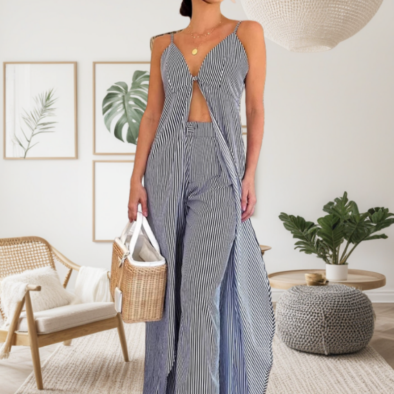 Women's Striped Sleeveless Slit Long Tops ＆ Pants Set
