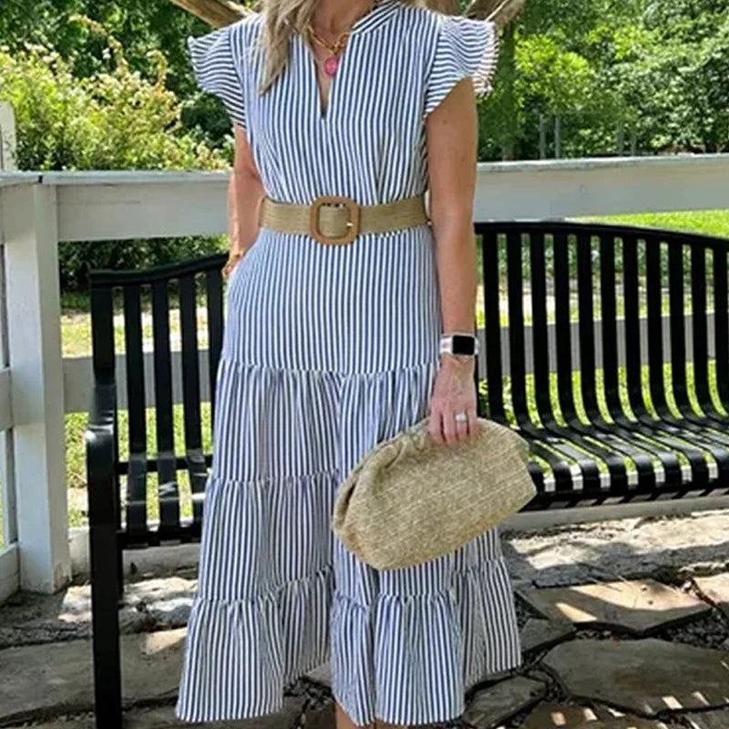 Women’s Striped Tiered Ruffle Midi Dress