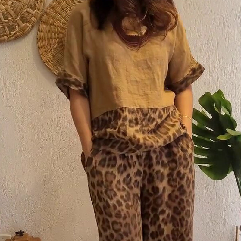 Stitched Short Sleeved Wide Leg Pants Set