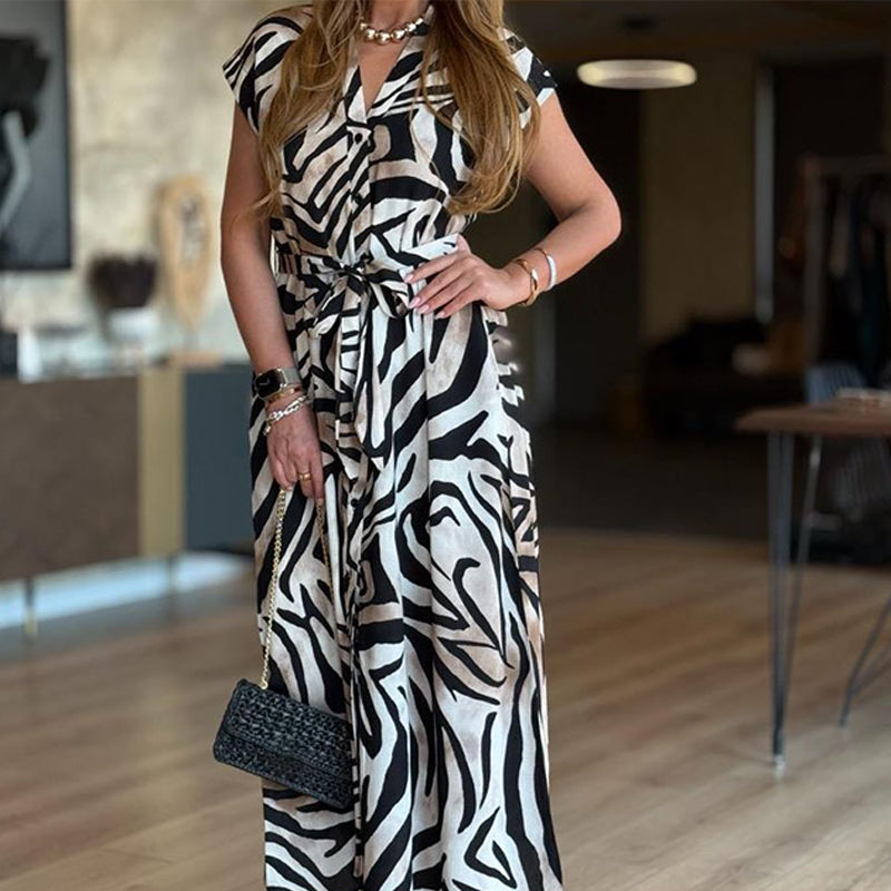 Women's Elegant V-Neck Printed Long Dress
