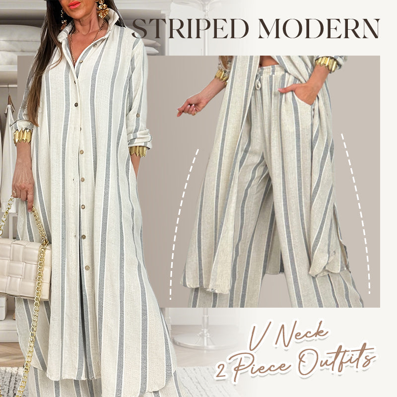 Women's Striped Modern V Neck 2 Piece Outfits