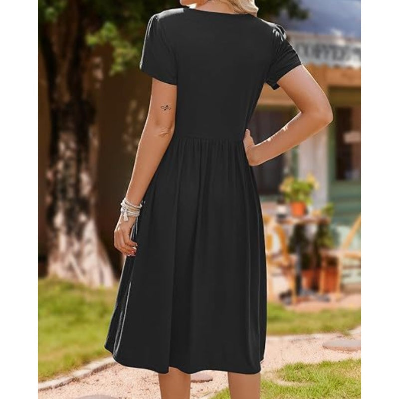 Women's Elegant Round Neck Midi Dress with Pockets