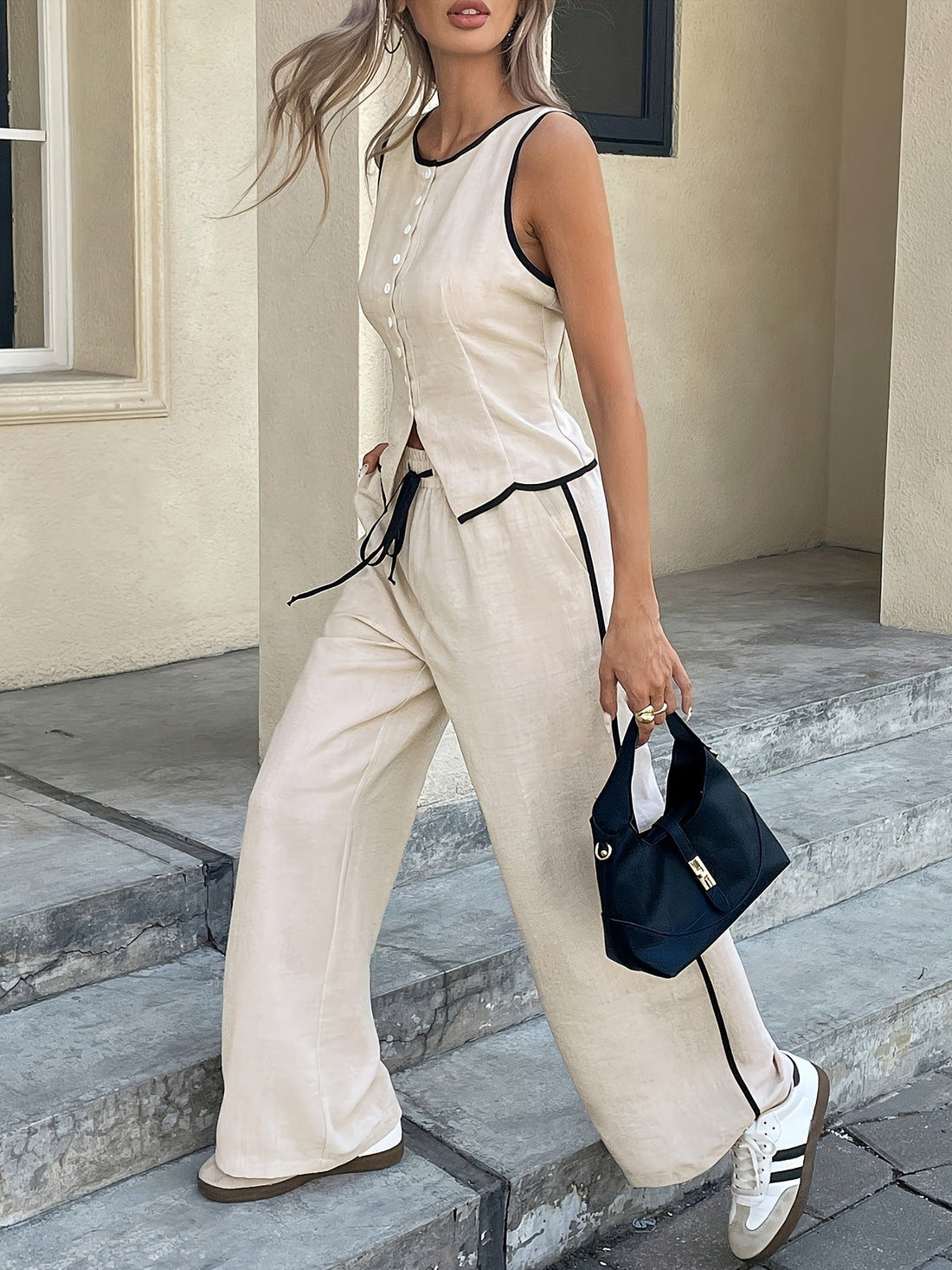 Women's Contrast Binding Sleeveless Tank & Drawstring Waist Pants Two-piece Set