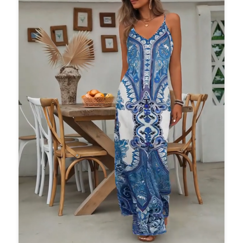 Women’s Retro Print V-Neck Sleeveless Maxi Dress