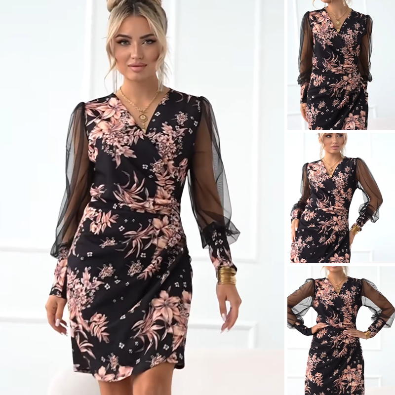 Women's V-Neck Floral Sheer Long Sleeve Dresses