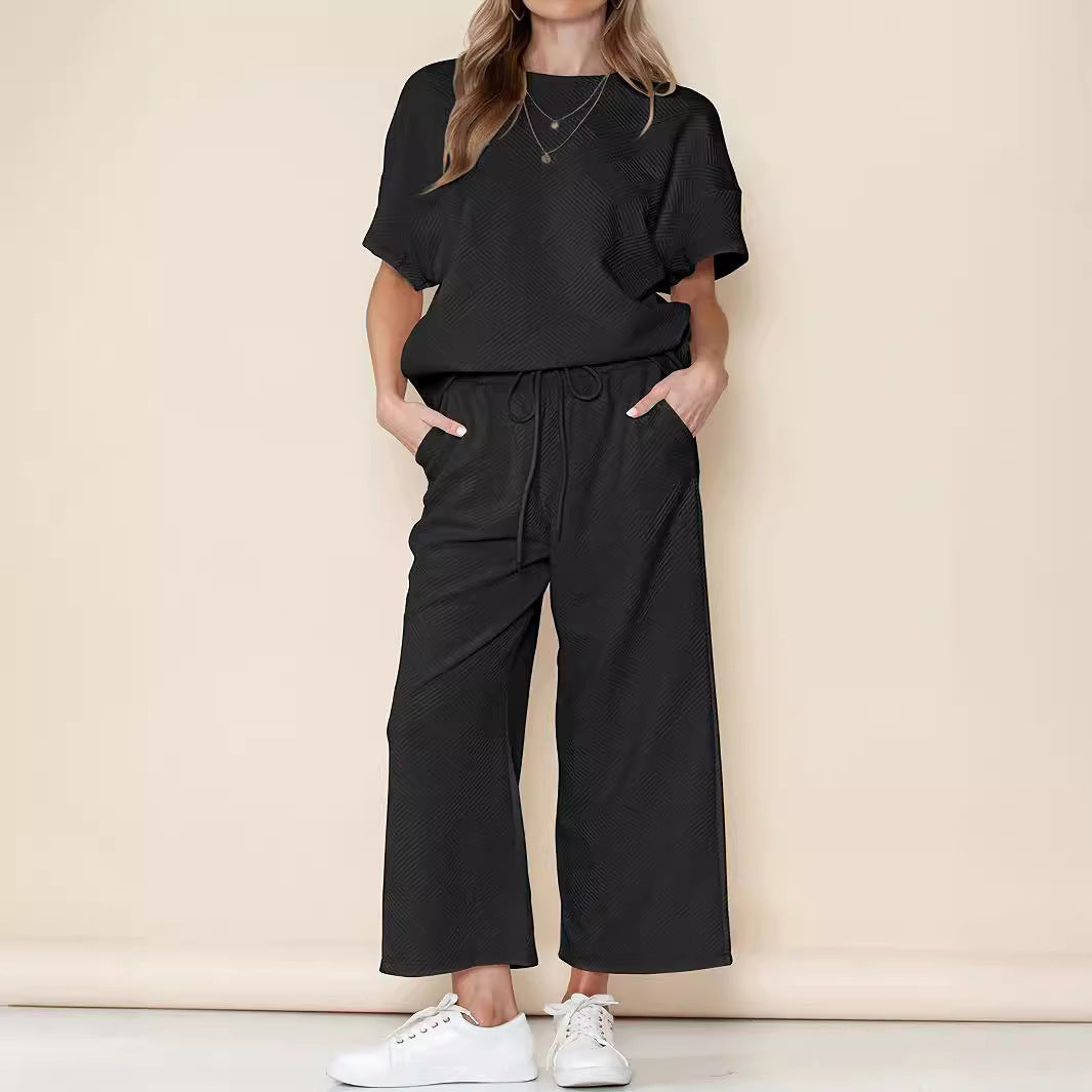 Casual Loose Solid Color Short Sleeve Top & Wide Leg Pants Two-Piece Set