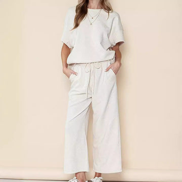 Casual Loose Solid Color Short Sleeve Top & Wide Leg Pants Two-Piece Set