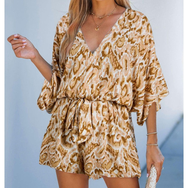 Women's Summer Casual V-Neck Printed Jumpsuit with Waist Tie and Dolman Sleeves