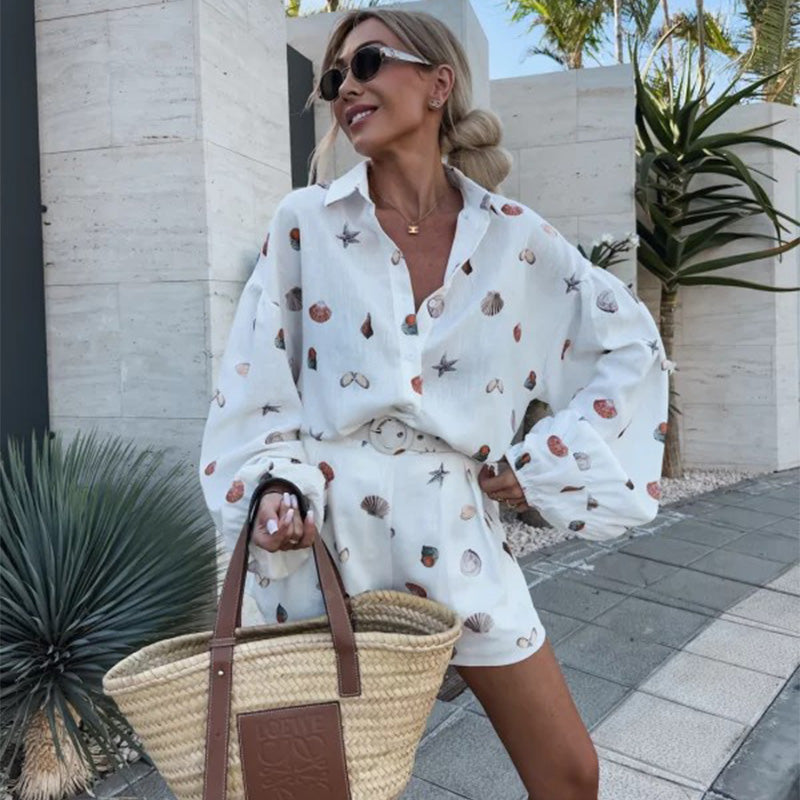 Women's Casual Printed Long Sleeve Shirt & Shorts Pants Set