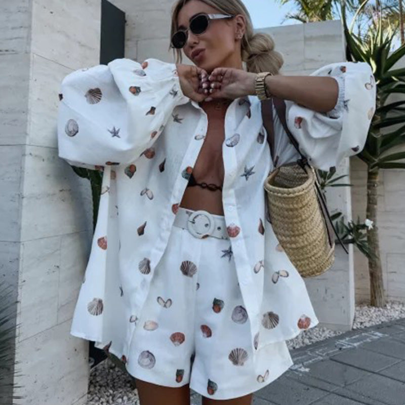 Women's Casual Printed Long Sleeve Shirt & Shorts Pants Set