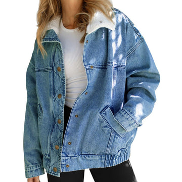 Denim Jacket with Plush Faux Fur Collar for Women